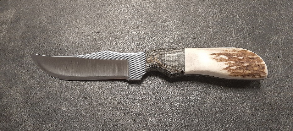 Anza Fixed Blade Knife, Carbon Steel, Elk/ Micarta Black, Leather Sheath, AZ709E